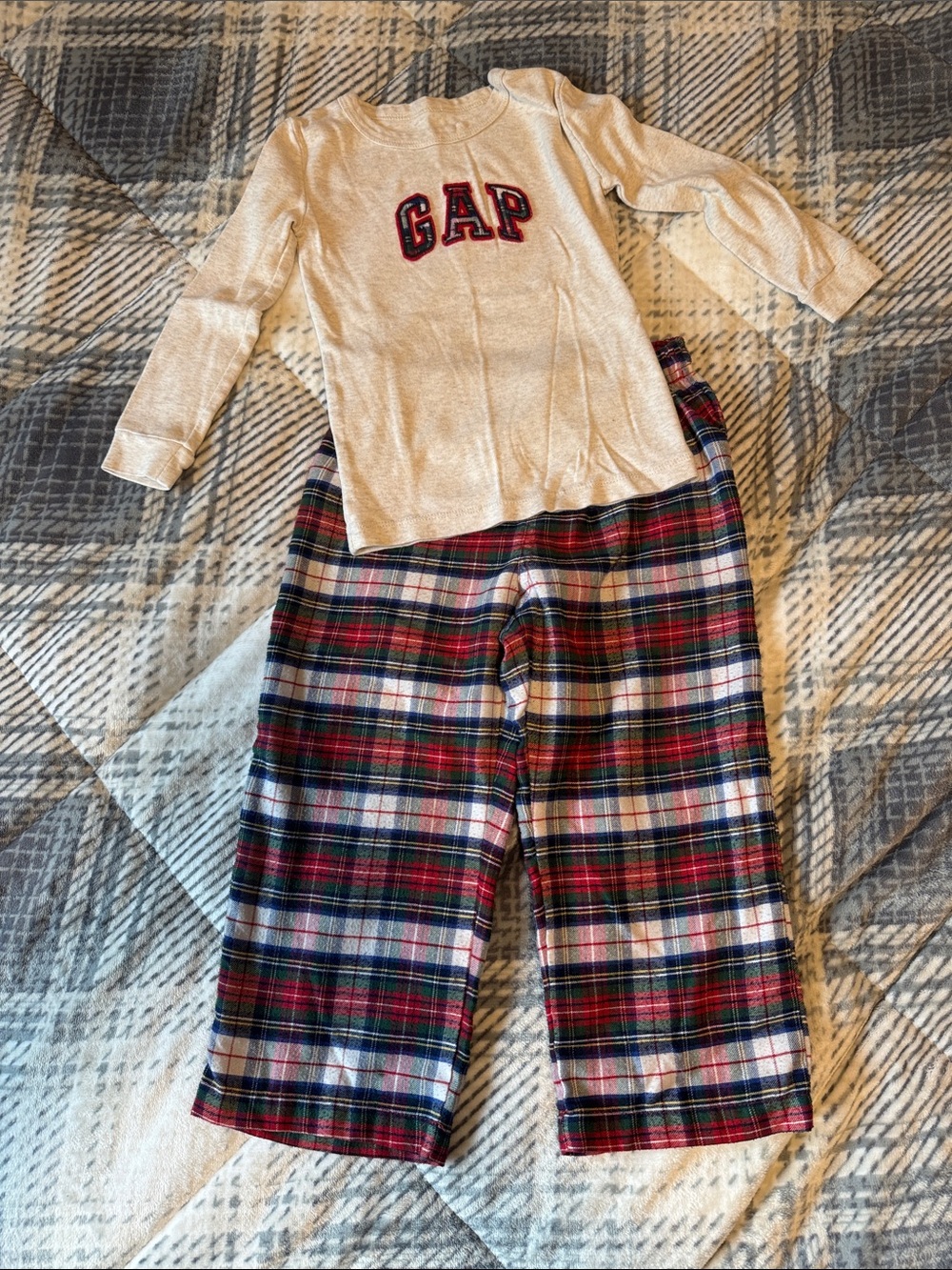 GAP Cream Long-Sleeve Top with Red and Green Plaid Pajama Pants